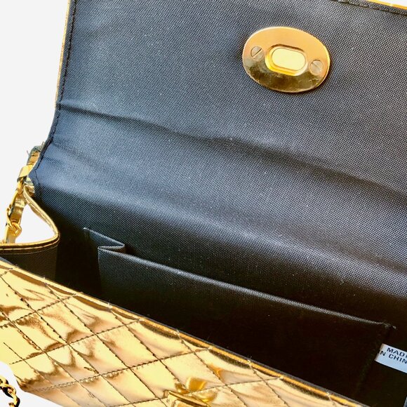 Vintage Gold Faux Patent Leather Crossbody Handbag Padded Flap Turn Lock - Picture 7 of 10